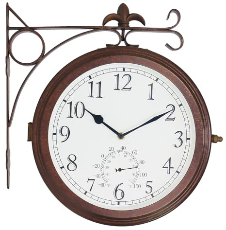 BESTIME 66276A Double Sided Metal Wall Clock with Antique Red Copper. Dial: 10-Inch,Thermometer, Quiet,Easy Read,Retro Station,Antique Hanging Clocks for Garden,Home Decor,Indoor,Outdoor,Living Room.