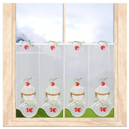 atelier alles-Spitze Scheibengardine Cupcake & Kirschen HxB 40x96 cm | Moderner, halbtransparenter Kurzstore für Küche & Esszimmer, Fenster-Dekoration, atelier alles-Spitze