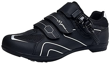 FNKDOR Gestreift Fahrradschuhe Herren Damen Rennrad MTB Atmungsaktiv Rutschfest Sneaker mit Klettverschluss und Verstellbare Schnalle Silber 43