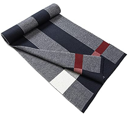 Lindoro Merinoull halsduk för män, lätt varm tartan vinter rutig långa halsdukar med presentförpackning, Marinblå och vit, One size