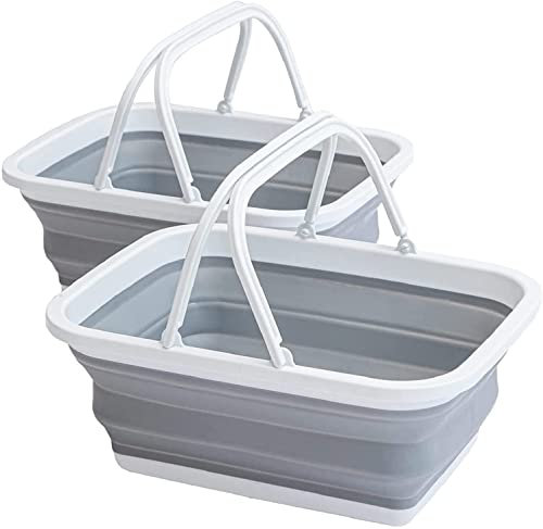 YETO Faltbares Waschbecken, 2 Stück, Outdoor-Camping, Picknickkorb, 8,5 l, leicht, tragbar, faltbar, mit stabilem Griff für Outdoor-Camping, Waschen, Aufbewahrung, Grau