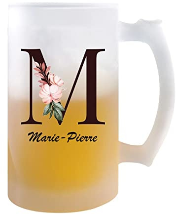 Planetee Chope de bière Marie-Pierre | Verre pour bière prénom femme avec Lettre fleur | Idée cadeau pour anniversaire noël et fête des mères