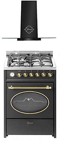 GURARI spis set GCH G 614 BR GCH T 466 60 BL Prime, gas stående spis 60 cm naturgas fl.gas 4 Kw WOK gasgrill/55 L+köksfläkt 60 cm 1000 m³/h vägghuva i svart med glas, EEK A