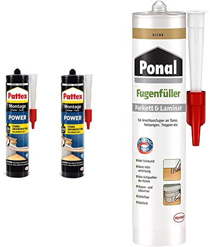 Pattex Montagekleber Power 740g, Baukleber mit starker Anfangshaftung, Kraftkleber für saugende Materialien, Weiß, 9H PXP37X & Ponal Parkett & Laminat Fugenfüller Eiche, 1x280ml Kartusche