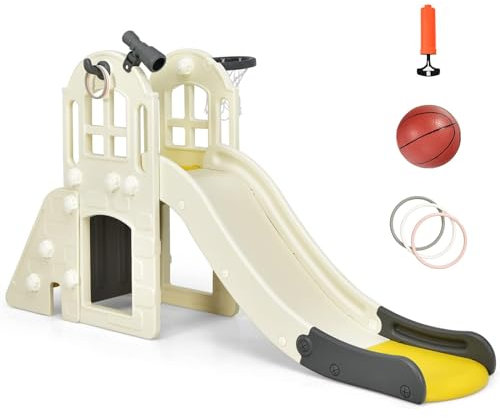 RELAX4LIFE 6 in 1 Scivolo per bambini che si arrampica nel tunnel del cestino, lancio dell'anello telescopico decorativo, scivolo per esterni e interni in HDPE per 3-8 anni (Diapositiva gialla)