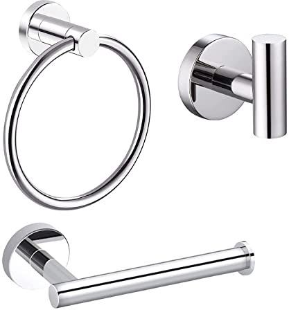 YUET Bathroom Hardware Accessories Set - SUS 304 Stainless Steel Brushed Wall Mounted Rack, Towel Ring Bar + Toilet Paper Roll Holder + Robe Hook, Bath Accessory Hooks (Chrome)