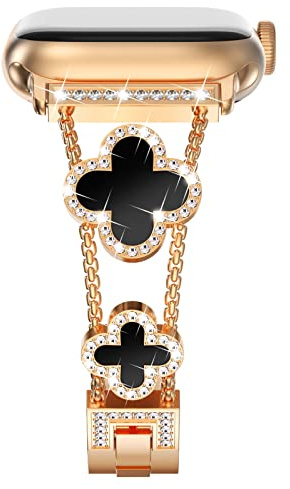 NewWays für Apple Watch Bling Armband 38mm 40mm 41mm 42mm,Roségold | Frauen Diamant Edelstahl Metall Ersatzarmbänder Kompatibel mit iWatch Series 11/10/9/8/7/6/SE/5/4/3/2/1,Schwarzes Blatt