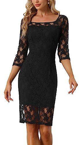 Allegra K Abito da donna in pizzo elegante con maniche a 3/4, scollo quadrato, abito da cocktail aderente, Nero , XS