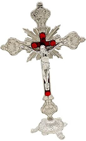 MagiDeal Stehendes Kruzifix, Tischkreuz, Metall, klein, 25,4 cm, Jesus am Kreuz, Statue, Kruzifix mit Ständer, Jesus-Kruzifix für Kapelle, Schreibtisch, Regal, Silber