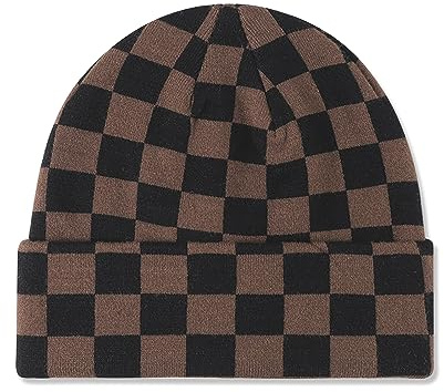 LumiSyne Strickmütze Für Damen Herren Schachbrett Kariert Muster Doppelter Zweck Mütze Mit Bündchen Und Slouchy Beanie Doppellagiger Stoff Stretchy Warme Baggy Skull Cap Winter Mütze Für Outdoor