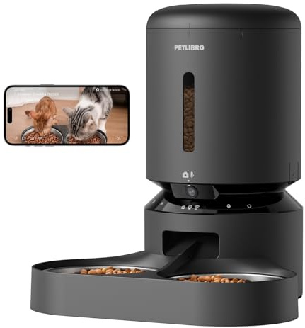 PETLIBRO 5G&2.4G WiFi Distributore Automatico Cibo Gatti con Telecamera,5L 1080P HD Distributore Automatico Cibo Cani con 2 Ciotole in Acciaio Inox,1-10 Pasti/Giorno,APP Controllo,USB e Batterie, Nero