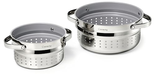 Caraway Small & Large Steamer Set – Made with Handles - Non Stick, Non Toxic Coating - Steam Veggies, Seafood, and More - Compatible With Our Dutch Oven or Sauce Pan – 3qt & 6.5qt - Stainless Steel