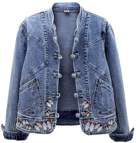 OIUHJN Veste en jean pour femme Printemps Automne Courte Vestes en jean brodées Manteau basique Manteau Femme à carreaux (Bleu, XXL), bleu, XXL