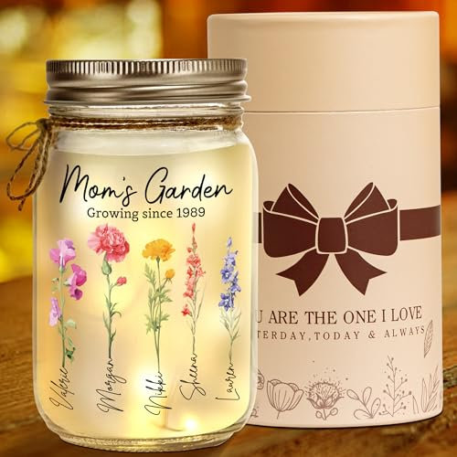 Kenon Personalized Mason Jar Night Light with Birthday Flower, Birthday Mothers Day Gifts for Mom Grandma, Custom Name Crystal Stickers Mason Jars Light Home Decoration
