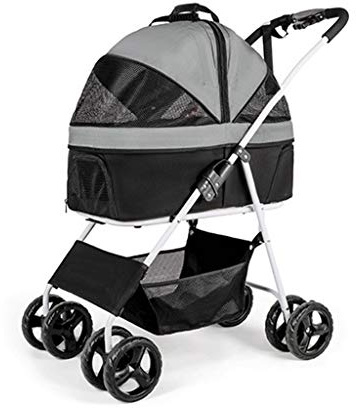 JKSVTF Luxury Folding Dog Stroller Pet Travel Buggy Pushchair Removable Carrier Adjustable Canopy Mesh Window Door Trolley Puppy Animal Pram with Wheels Brake (Black)