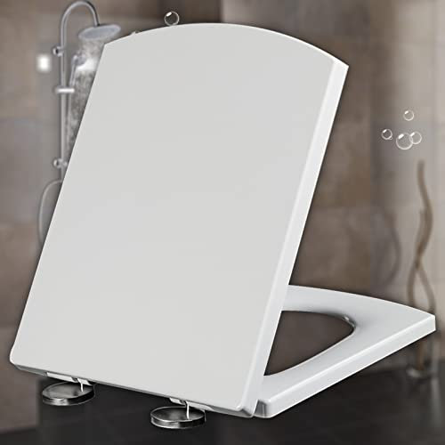Familien-Toilettensitz mit Absenkautomatik, weißer Kunststoff, Befestigung Oben, Befestigung Oben, quadratischer WC-Sitz, Toilettendeckel, Schnellverschluss für einfache Reinigung, Weiß, 39,