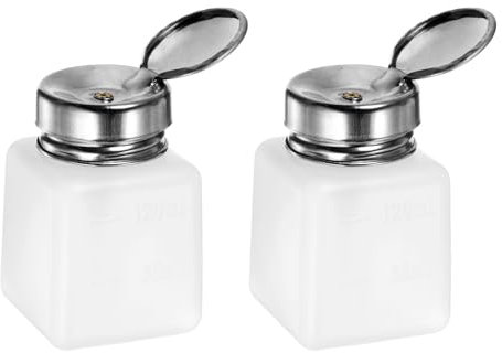 sourcing map 2pcs Solvent Alcohol Dispensers 120ml(4oz) Push Down Liquid Dispenser Pump Bottle with Sealing Stainless Steel Lid for Acetone Solution, White