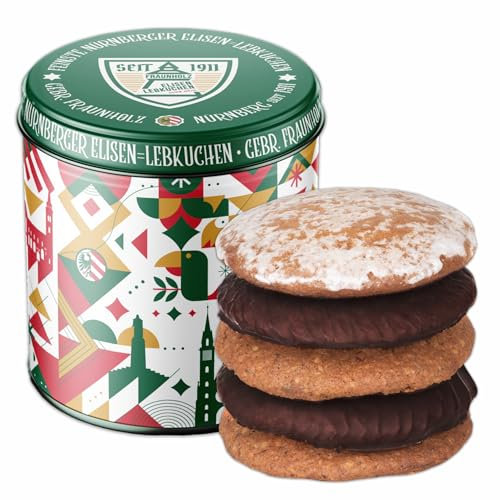 Lebkuchen - original Nürnberger Mandel Elisen-Lebkuchen - 45% Nussanteil - handgefertigte Qualität - prämierte Meisterhändler-Manufaktur (Dose Nürnberg - Inhalt: Lebkuchen gemischt - 380 Gramm)