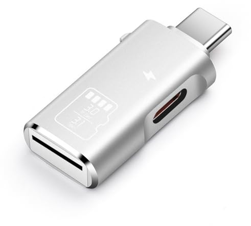 TF Kartenleser, Micro SD Kartenleser und Typ-C 15W PD Ladegerät, Typ C TF Speicherkartenleser Adapter Kompatibel mit Laptops, MacBook, Samsung Galaxy (Silber)