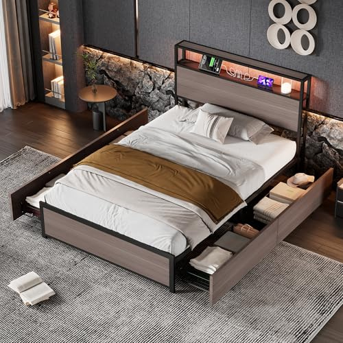 ModernLuxe 3FT Single Bed Frame with LED Light Strip and 4 Drawers, 3 USB Port, Multifunctional Metal Bed for Adults and Teenagers, Sturdy Wrought Iron Bed, Rustic Wood Finish, Grey, 90x190cm