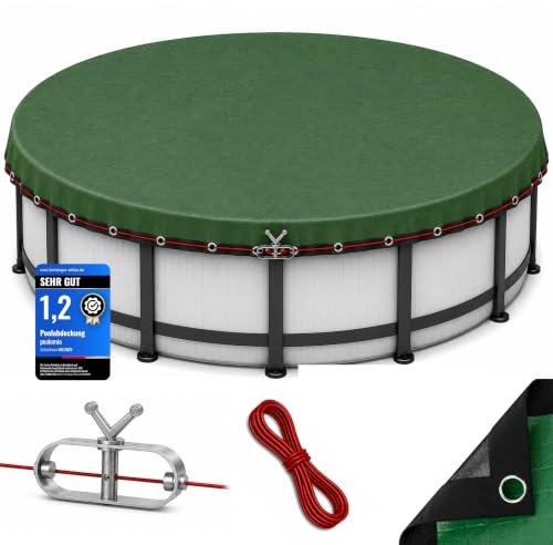 poolomio Poolabdeckung rund 500 cm, Poolplane Rundpool für Sommer & Winter | Abdeckplane für Pool 500-530cm – 200 g/m² robustes, UV-resistentes PE – Stahlseil & Ratsche für festen Halt – Echtmaß: 560 cm