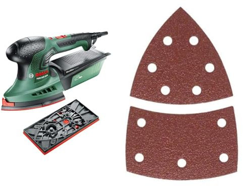 Bosch Home and Garden Multi-Sander PSM 200 AES (200 W, 2X Sanding Papers, Rectangular Sanding Plate, in case) + Sanding Sheets for Orbital Sanders 102 x 62.93 cm, Grit 60 Multi-Purpose Pack of 10