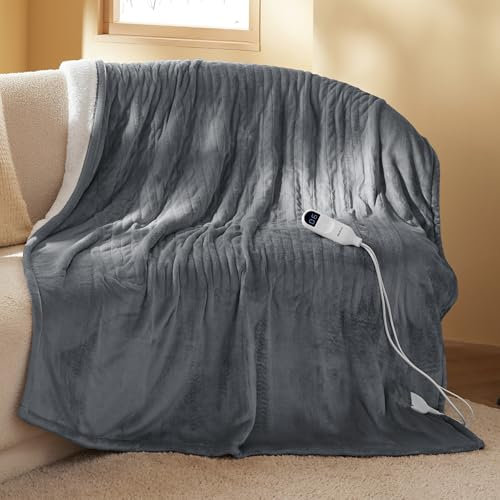 Bedsure Couverture chauffante 130x180 cm, arrêt Automatique, 6 Niveaux de Chaleur, minuterie 10h, Protection surchauffe 8h, Douce électrique pour Maison & Bureau, Gris