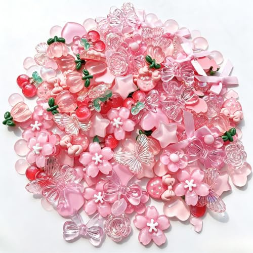 60 Stück Junk Case Charms Kit, 3D Pink Phone Case für Junk Cases, Y2K Ästhetische Schleifen, Mädchenkokette, DIY Bastelzubehör mit Slime, Decoden, Flache Rückseite