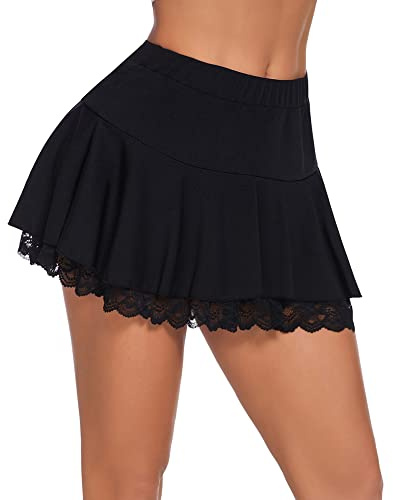 Avidlove Mini Jupes D'été pour Femmes Jupe Plissée Unie à Volants en Dentelle Mini-Jupe Courte et Sexy Basique Jupe Patineuse Élastique | Bordure en dentelle, très élastique, doux et confortable, ourlet à volants, élégant et polyvalent, tenues de fête.