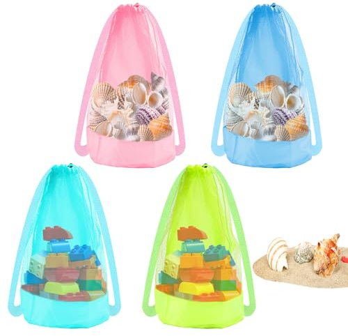 BOXOB 4pz Sacchetti Giocattoli Spiaggia, 55x36,5cm Grande capacità Rete con Chiusura a Coulisse Zaini Portaoggetti Raccogliere Conchiglie per Contenere Asciugamani e Articoli Essenziali Spiaggia