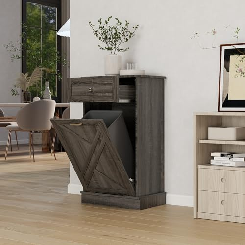 SOLIDEE Tilt Out Trash Cabinet-Free Standing Kitchen Waste Bin-Wooden Recycling Trash Cabinet with Drawer-Oak Grey