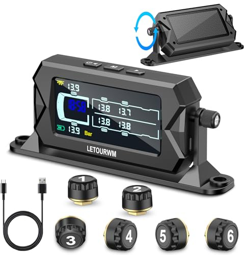 Tire Pressure Monitoring System for RV Truck Trailer, 6 Sensors TPMS, 0-15 Bar/217 PSI, 3-Level Bright LCD with Time Display, Type-C & Solar Charging, 7 Smart Alerts for RV/Trailer/Truck IP68