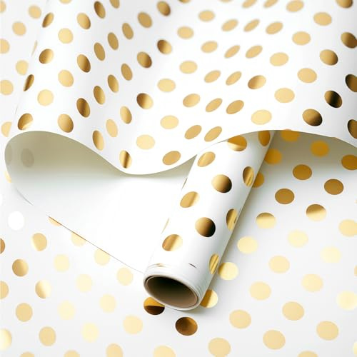 Geschenkpapier Weiß, Geschenkpapierrolle Gold Set mit Schleifenband Kleber, Geschenkverpackung für Weihnachten Geburtstag Valentinstag Muttertag Vatertag Hochzeit Abschlussfeier 43cm x 3m