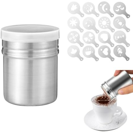 Flour Sugar Salt Powder Shaker, Stainless Steel Chocolate Powder Shaker, with Fine Mesh Sieve Sifter Icing Sugar Duster with Lid with 16 Moulds for Cappuccino Cocoa Creams Coffee Spice