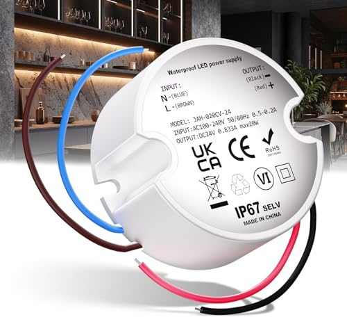 Noobibaba LED Trafo 24V Unterputz Mini Netzteil 20W IP67 Wasserdicht | 230V auf 24V DC, 0,83A Rund Netzteil, für G4 MR16 Streifenleuchten Aussenbeleuchtung, Kompakte Bauform, Spannungsstabil