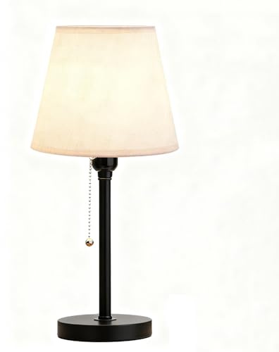 OOWDMPE Vintage E27 Tischlampe mit Kabel Retro Schwarz Tischleuchte Stoff Lampenschirm Kleine Nachttischleuchte mit Zugschalter Minimalistische Deko für Wohnzimmer Schlafzimmer Büro（mit Leuchtmittel）