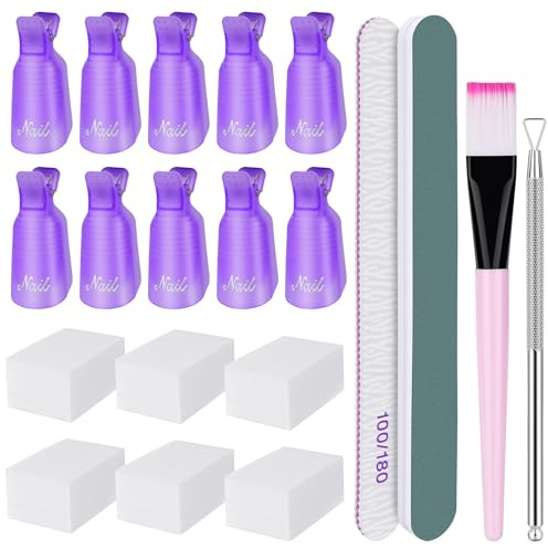 BUTBU Kit pour Retrait Vernis Semi Permanent, 10 Pinces Doigts Vernis + Grattoir + Poussoir Cuticules + 200x Cotons + Brosse Ongles+Blocs de polissage, pour le Nettoyage des Ongles Retirer le Gel