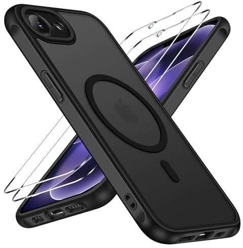 ivoler Funda Magnética para iPhone 17e / iPhone 16e con 2 Piezas Cristal Templado, Compatible con MagSafe, Antigolpes Translúcida Mate Trasera Fina Silicona Anti-Choques Case, Negro