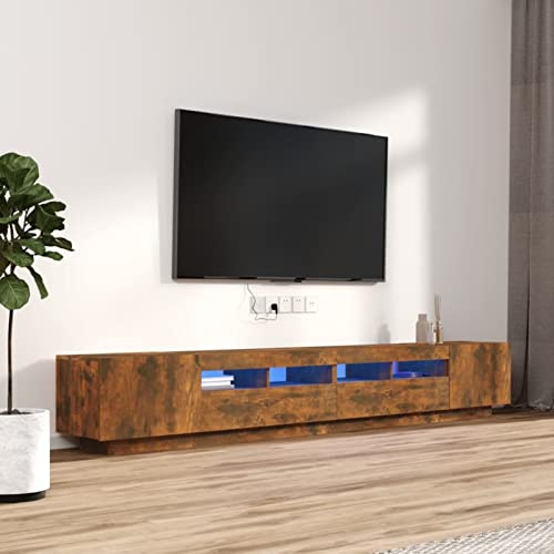 LED le TV-stativ 260 cm, glansig lågbräda med LED-belysning – rökig ek, modern vardagsrumspäls – 260 x 35 x 40 cm