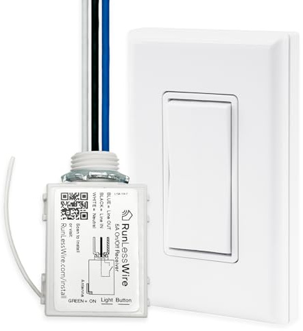 RunLessWire Kit de interruptor Simple inalámbrica - hogar Control remoto basculante de pared de auto-conmutador encendido y el controlador para la iluminación, llevado, ventilador de techo,