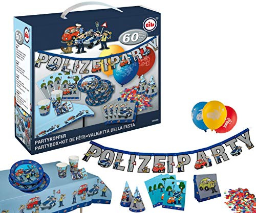 TIB Heyne 19530 - Partykoffer Polizei, 62 Teile, Partygeschirr und Dekoration, Kindergeburtstag