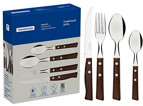 Tramontina Besteckset TRADICIONAL für 6 Personen, 24-teilig, Steakbesteck, Steakmesser mit Wellenschliff, Menügabeln, Menülöffel, Kaffeelöffel, Naturholzgriffe