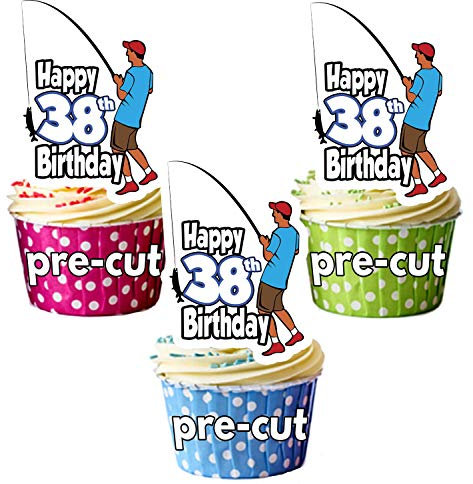 AK Giftshop PRECUT Fishing Fisherman - 38th Birthday - Edible Cupcake Toppers/Cake Decorations - Mens - Son - Husband - Dad (Pack of 12)