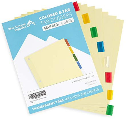 Blue Summit Supplies 8-Tab Binder Dividers, Manila Paper with Insertable Colored Plastic Tabs, Reinforced 3 Ring Dividers with Perforated Paper Tab Inserts, 6 Sets
