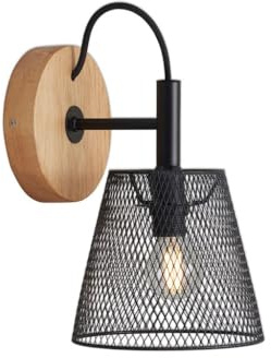 BRILONER Leuchten - Spotleuchte, Wandspot, Wandleuchte retro, vintage, Gitteroptik, 1x E14, Metall-Holz, Schwarz-Holz, 125x185mm (DxA)