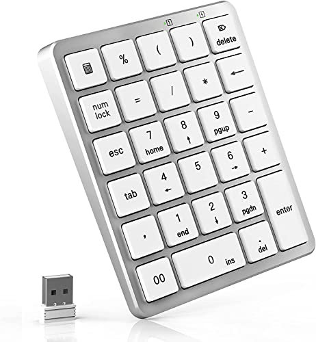 PINKCAT Wireless Numeric Keypad, 28 Keys Aluminum Rechargeable Number Pads Portable Numpad Financial Mechanical Accounting Multi-Function Keyboard Extensions for Laptop, PC, Notebook, Surface- Silver