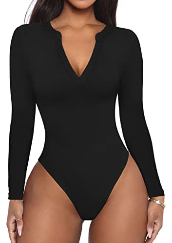 REORIA Women's Casual Sexy V Neck Fitted Long Sleeve T Shirts Work Slimming Ribbed Thong Leotards Bodysuits Tops Black Large