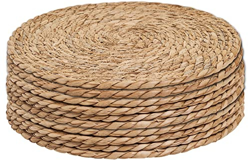 Defined Deco Woven Placemats Set of 10,12 Round Rattan Placemats,Natural Hand-Woven Water Hyacinth Placemats,Farmhouse Weave Place Mats,Rustic Braided Wicker Table Mats for Dining Table,Home,Wedding.