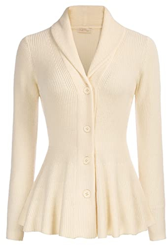 Belle Poque Veste en tricot femme à manches longues avec col revers et bordure volantée Cardigan décontracté, Blanc ivoire., S