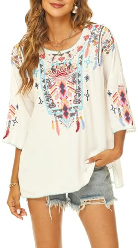 Seasonal Blusa bordada de mujer Túnica bohemia elegante Folklore Hippie Blusas bohemias con mangas 3/4 Top vintage de mujer(438,Blanco,S)